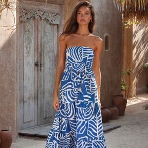 Mister Zimi Blue and White Patterned Strapless Dress